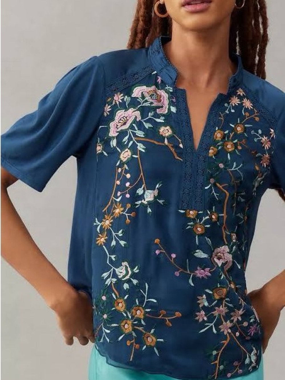 Anthropologie Tiny Eliana Embroidered Top Shirt Blouse Teal Floral